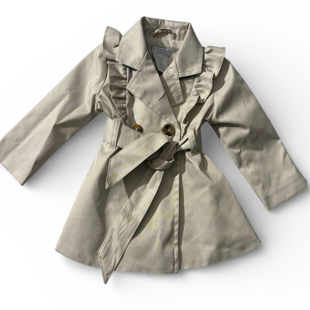 Tahari Baby Trench Coat Ruffle Detail Belted Dress Coat Neutral 6–9M